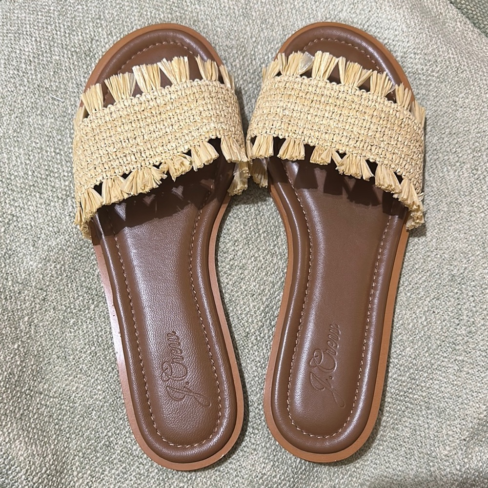 J. Crew Tan and Brown Woven Slide Sandals
